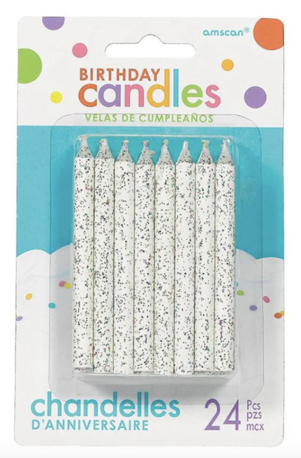 Birthday Candle – Large White Glitter Spiral ~ 24 per pack